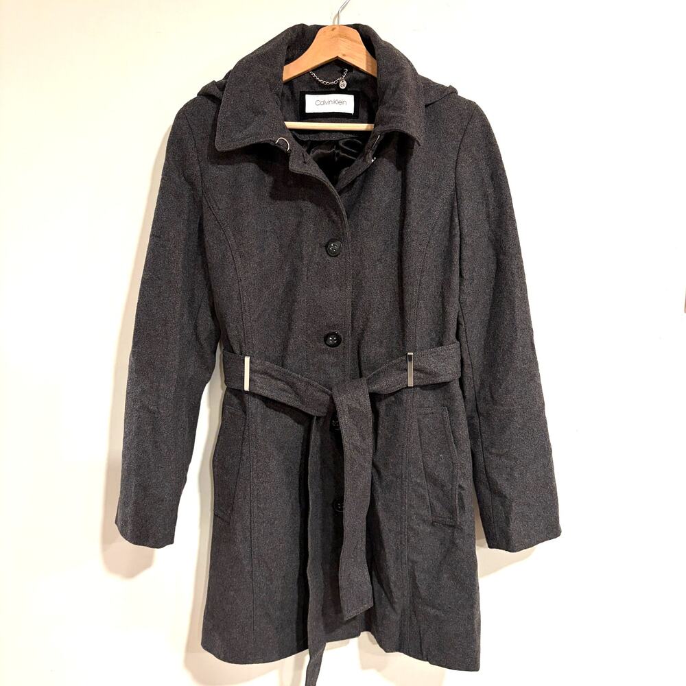 Calvin Klein Wool Gray Trench Coat Womens M Old Money Classic Academia Career